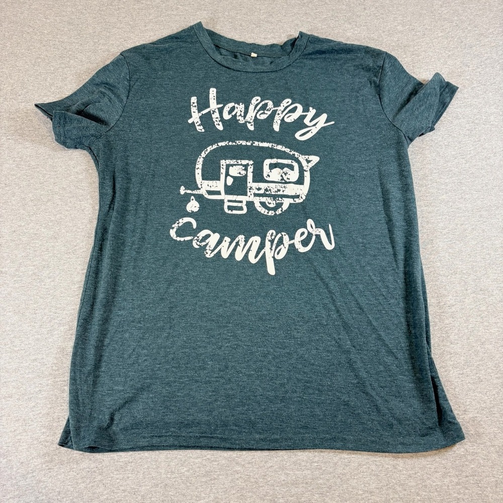 Happy Camper T-Shirt Women XL Heather Green Graphic Short Sleeve Tee Outdoors